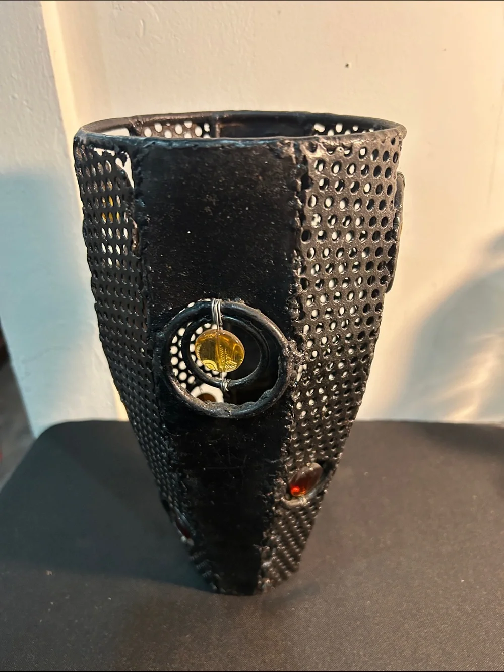 Black Perforated Metal brutalist  Decorative Vase with Amber Accent